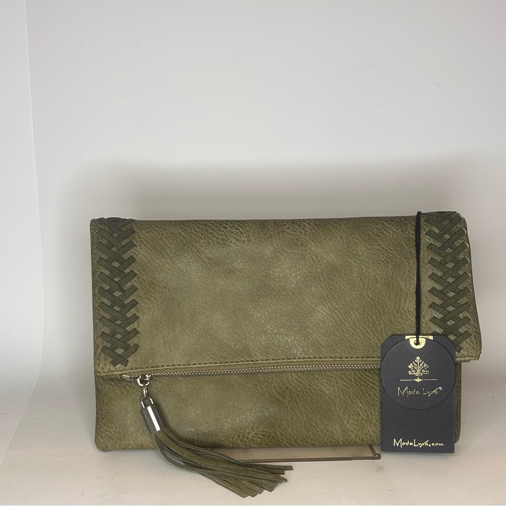 Moda Luxe Olive Green Fold-Over Clutch with Tassel Detail